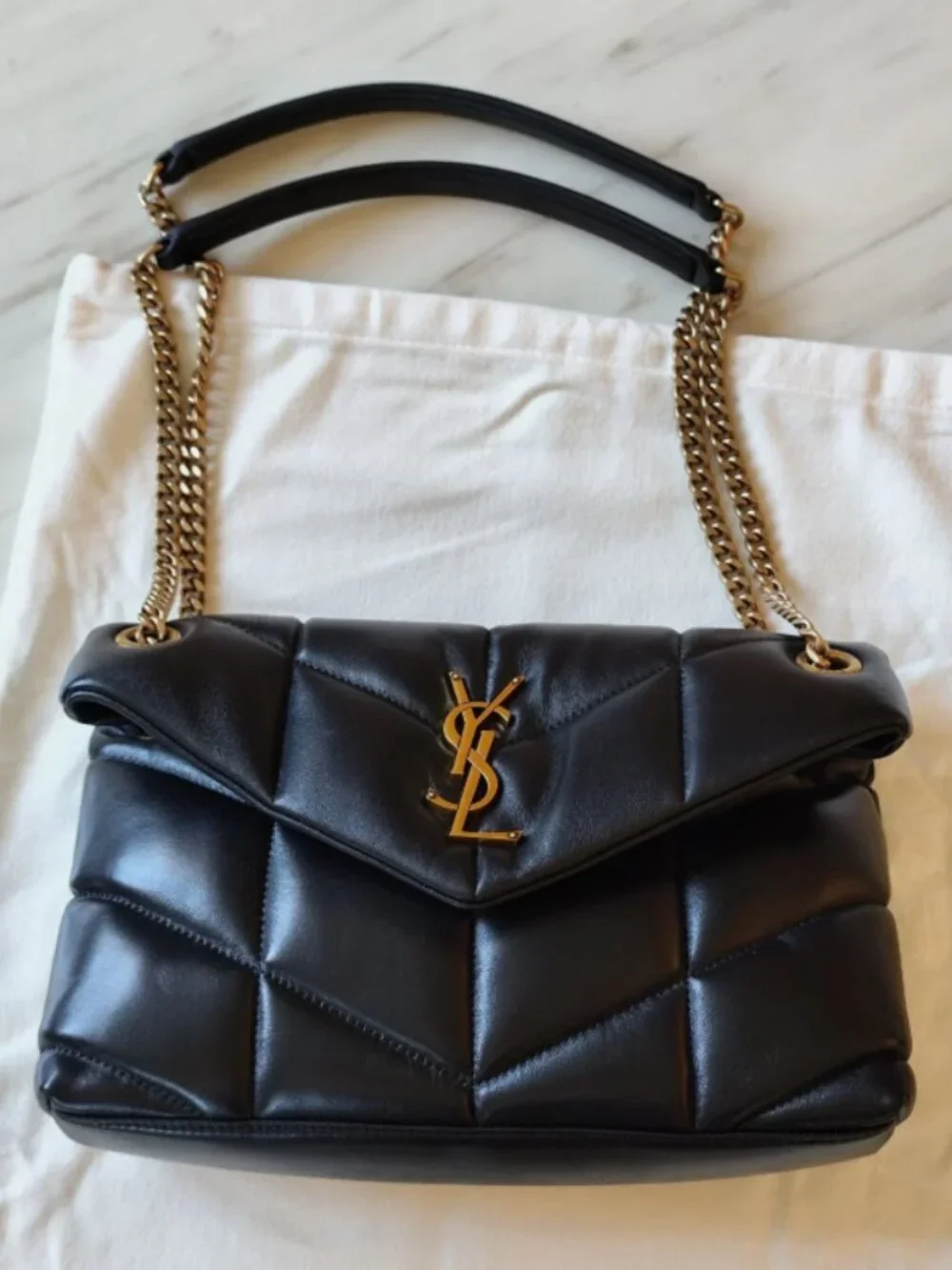 YSL Loulou Puffer Black Leather Shoulder Bag Quilted Chain Crossbody